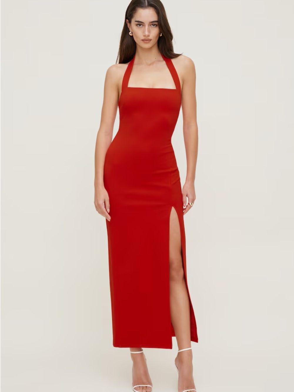 Dynamite Red Halter Neck Maxi Dress with Thigh Slit